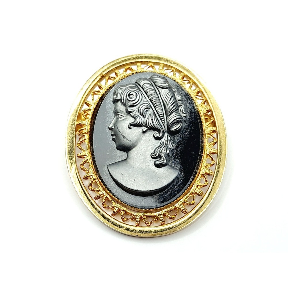 Vintage Cameo Brooch Goldtone Black Glass Victorian Revival Jewelry